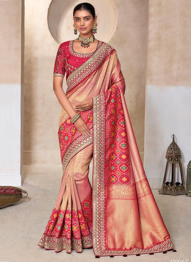 Kanjivaram Silk Peach Wedding Wear Patola Panel Work Saree